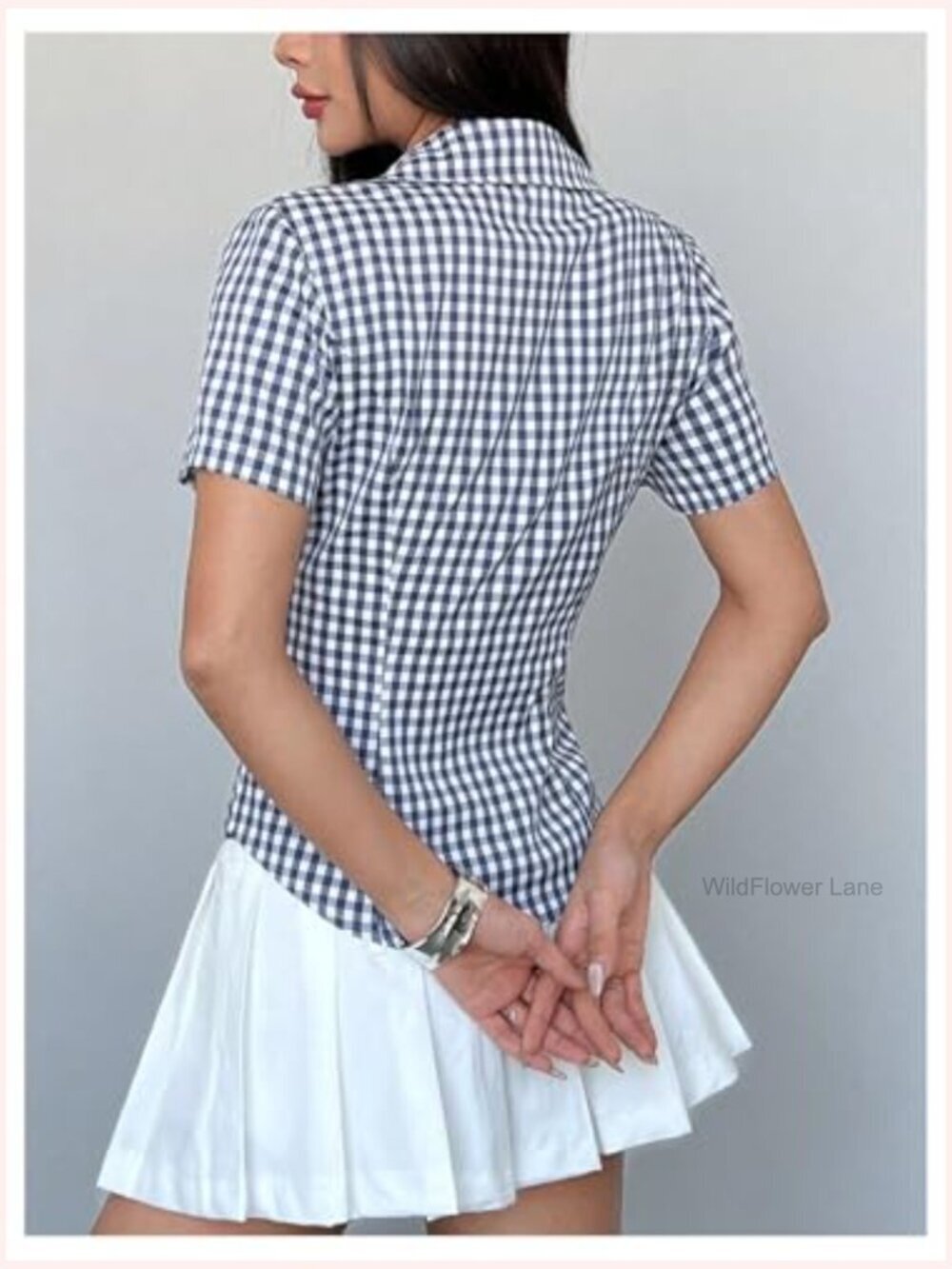 Women's Gingham Button Up Short Sleeve Blouse Y2K Dressy Casual Top - Picture 2 of 5
